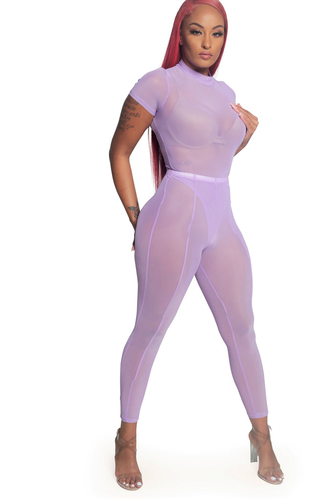 mesh bodysuit pants set. With a color pop style, an elastic waist legging pant, short sleeves mock neck bodysuit