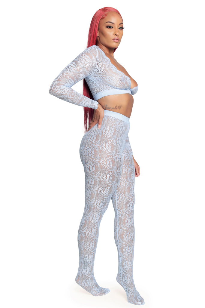 lace pants set. Featuring an all lace crop top and stocking pants. Long sleeve crop top with elastic band and low cut. Elastic waist stocking pants. 