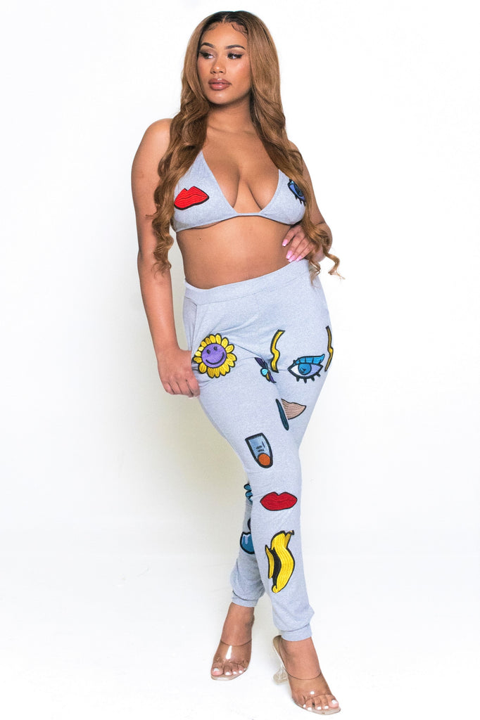 bikini top jogger set. Featuring color pop patches on the bikini top and joggers