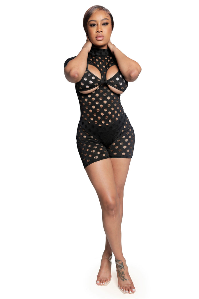 Romper Set. Featuring a see through design. Set includes a Romper and matching Bikini top. This cut out design features a peek through bikini top. Short sleeve, zipper back closure. 