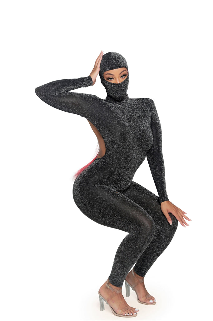 Jumpsuit and Head Mask set. This set features a long sleeve jumpsuit with a matching Head Mask and a cut out back, all accented with a beautiful sparkle design.